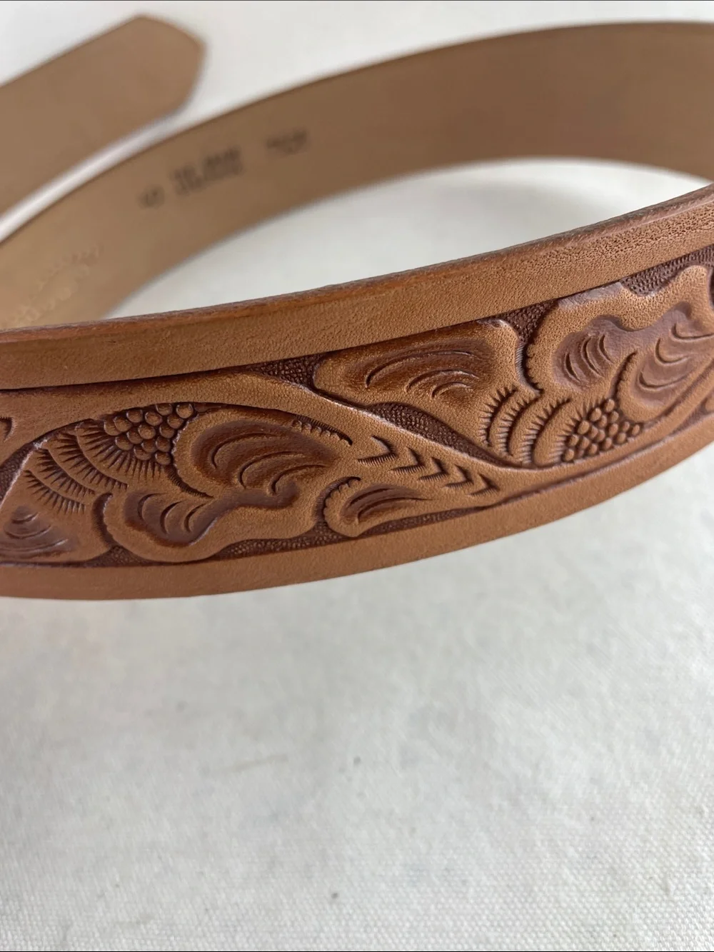 Tooled Leather Floral Belt in Cognac Brown